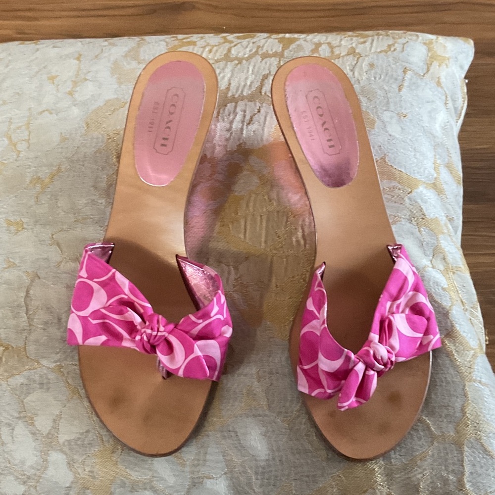Coach Pink Bow Slide Sandals with Signature Print